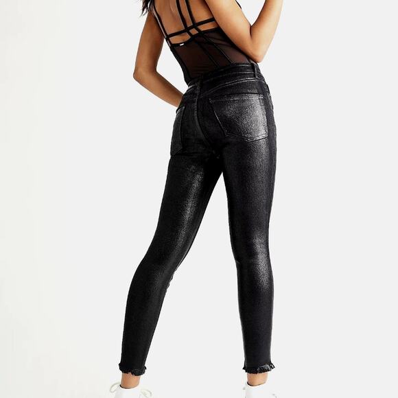 Free People Flattering Sleek Raw High-Rise Coated Jeans - Black - size 32 - Picture 2 of 8